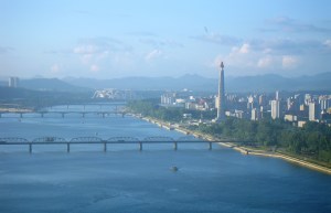 Looking north along the Taedong River toward the Juche Tower, Pyongyang